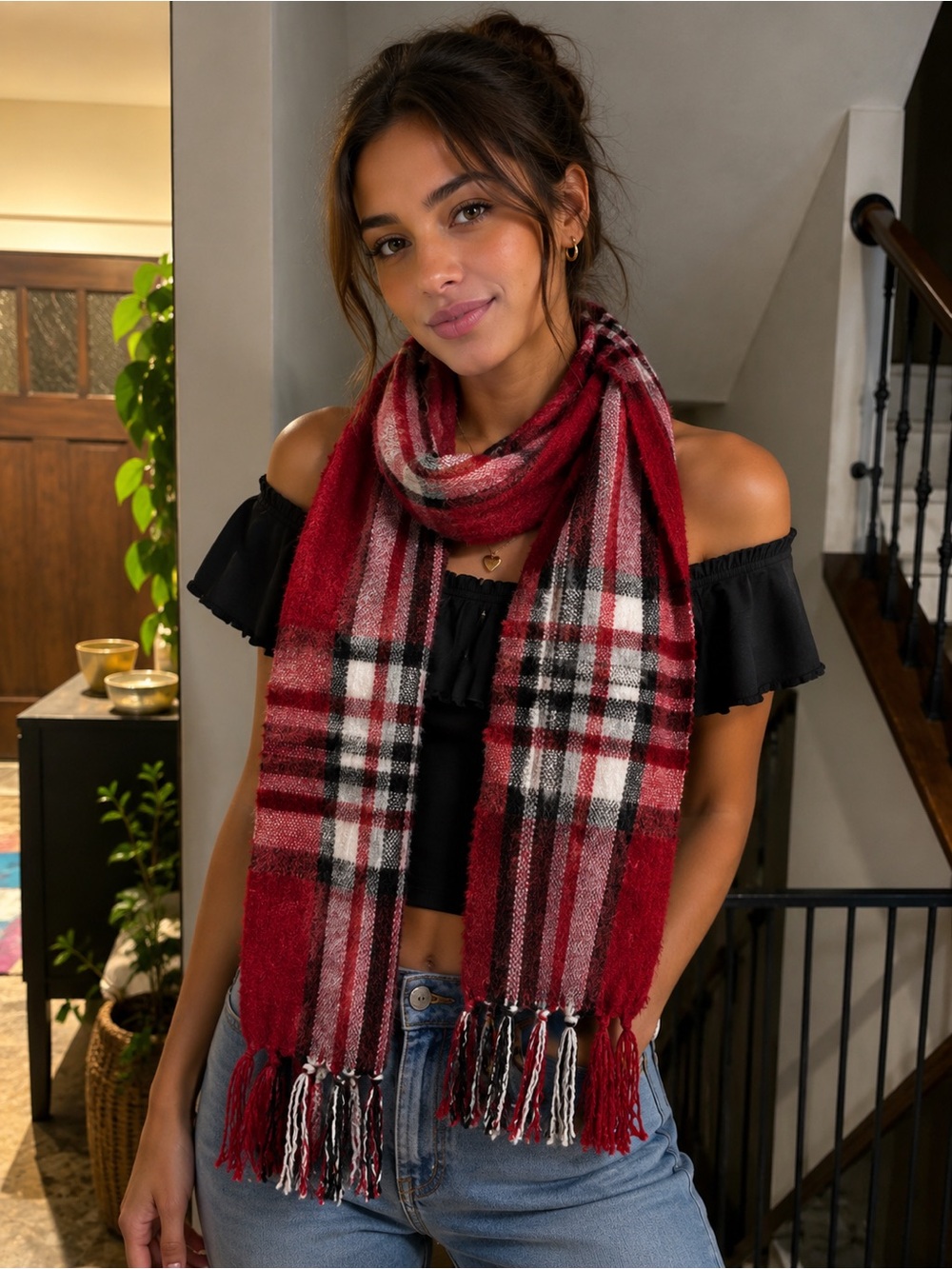 Charter Club chenille Red Plaid Scarf